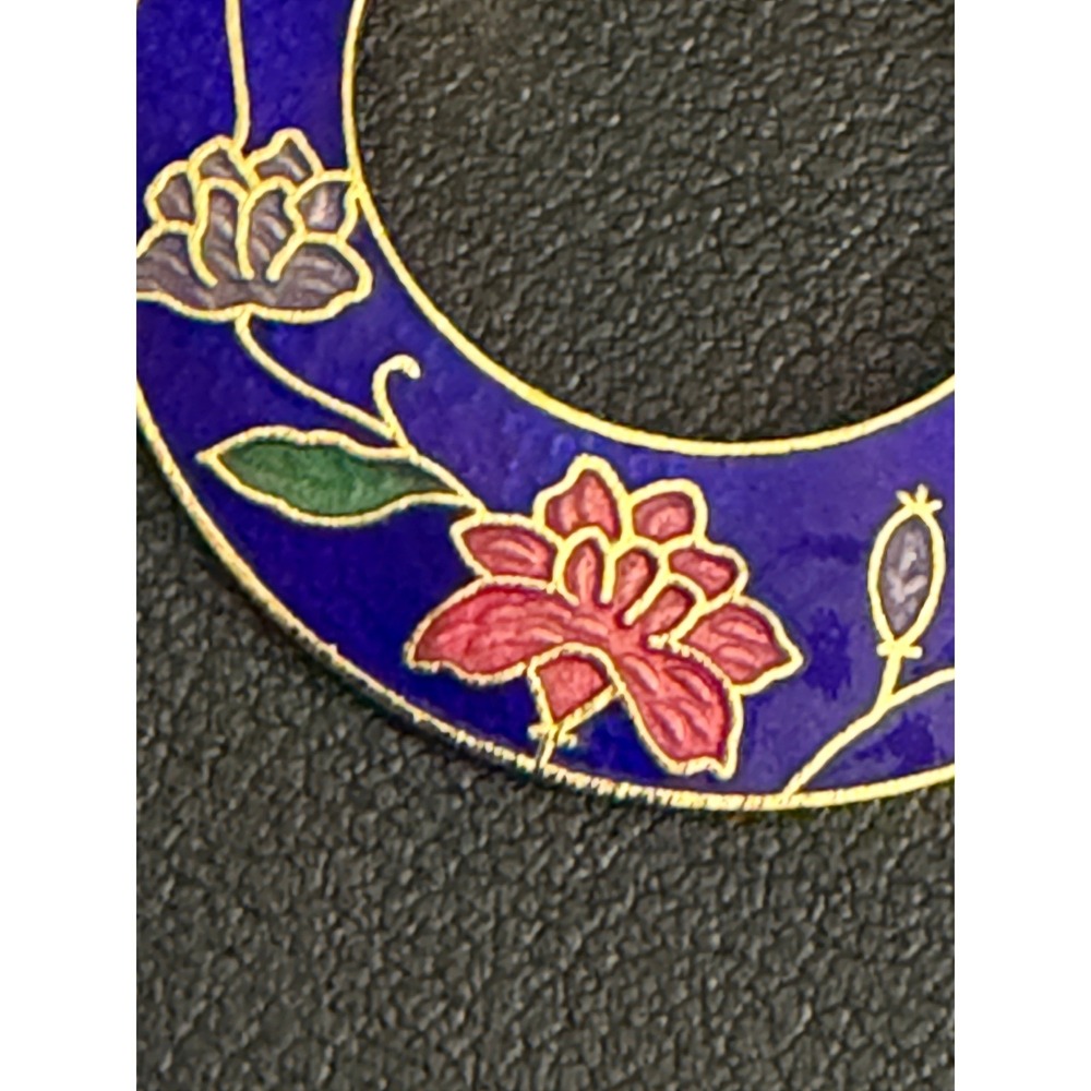 Vintage Cloisonne Lotus Earrings Guilloche Blue Gold Floral Enamel Dangle Drop - Picture 5 of 8